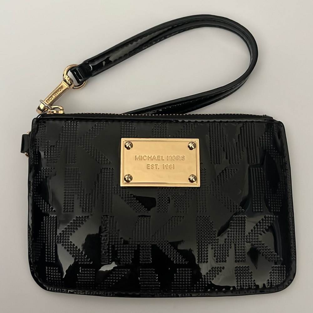 Michael Kors Black Patent Initial Logo Wristlet. Gold hardware.